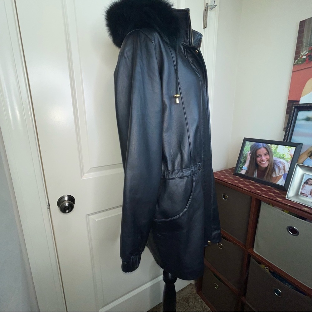 Worthington Lambskin Leather Coat Fur Lined Hood Drawstring Waist Size M - Picture 7 of 17